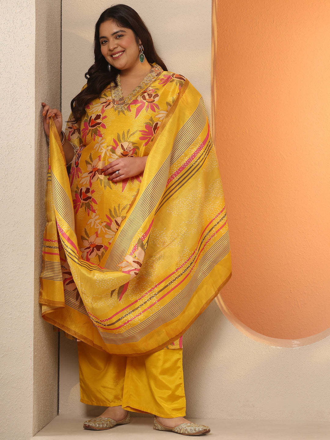 Plus Size Yellow Printed Silk Blend Straight Suit Set With Dupatta