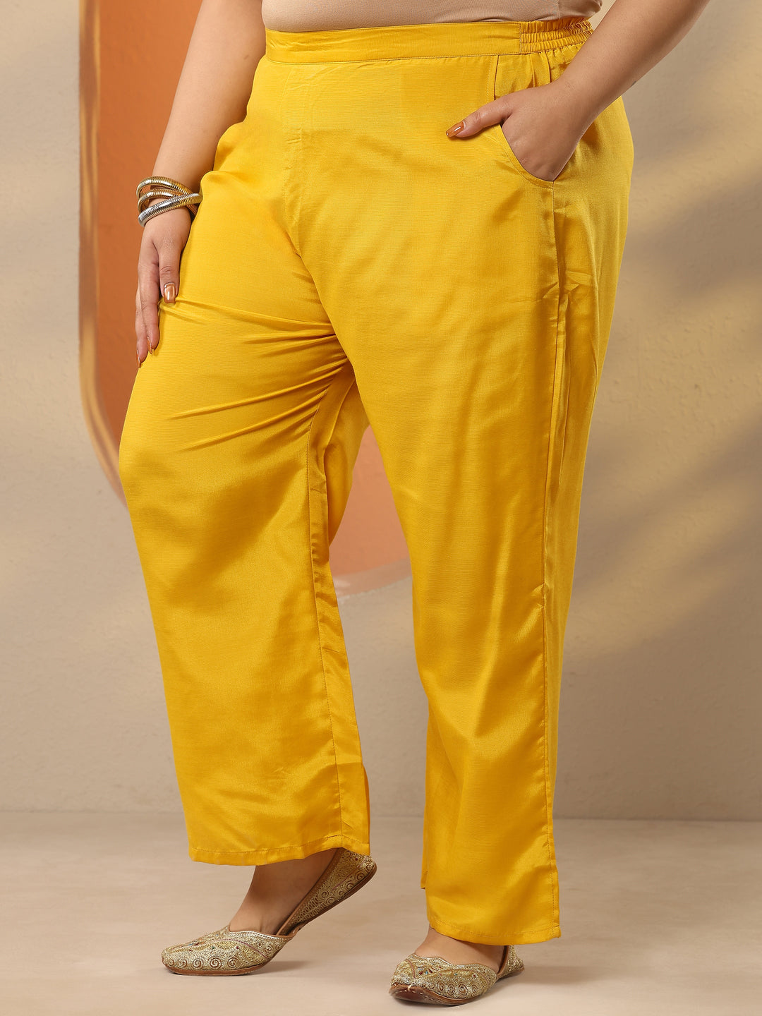 Plus Size Yellow Printed Silk Blend Straight Suit Set With Dupatta