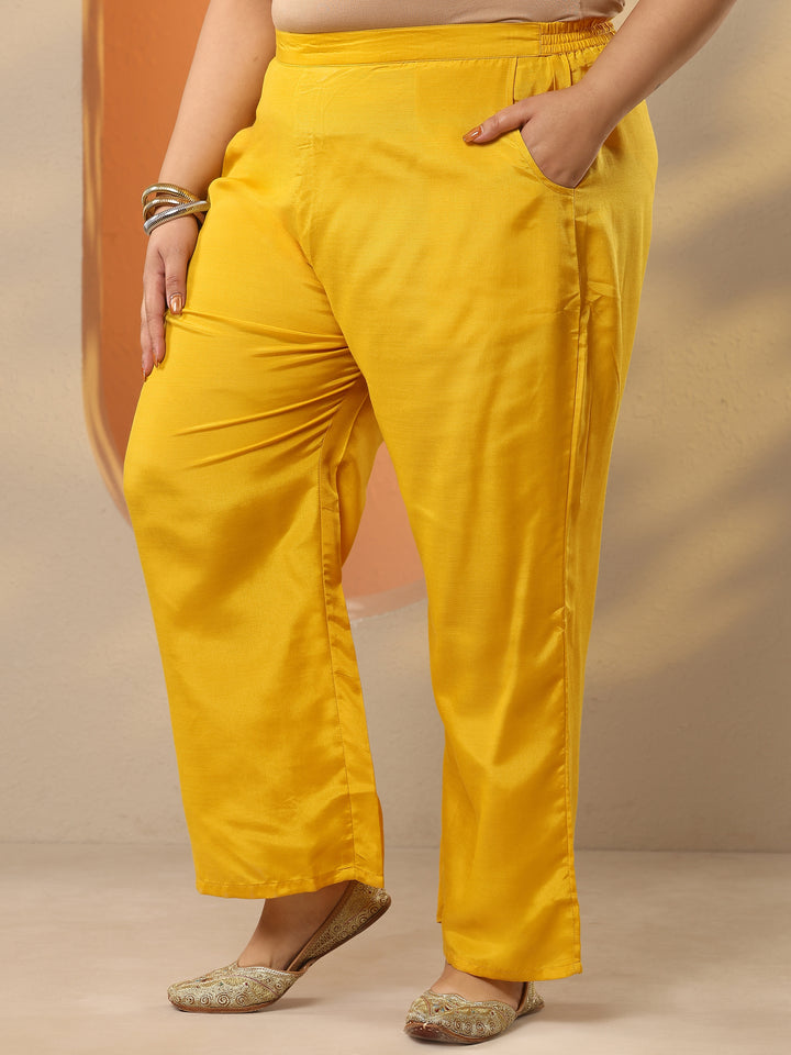 Plus Size Yellow Printed Silk Blend Straight Suit Set With Dupatta