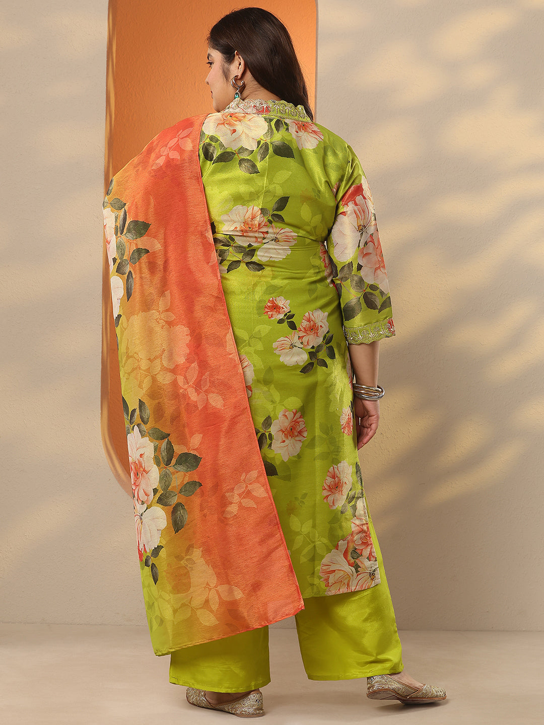 Plus Size Green Printed Silk Blend Straight Suit Set With Dupatta