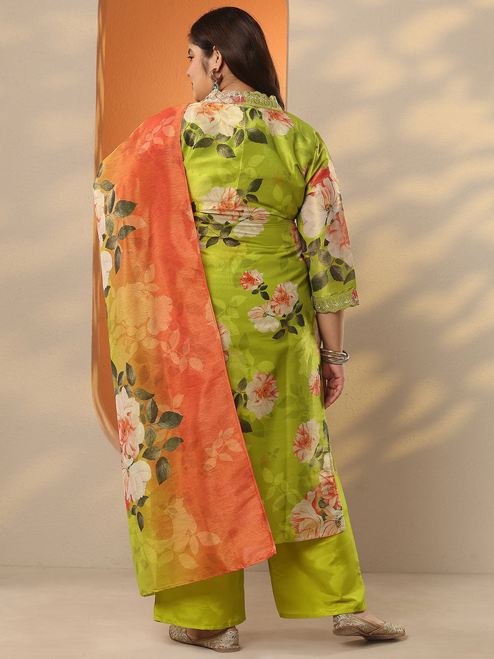 Plus Size Green Printed Silk Blend Straight Suit Set With Dupatta