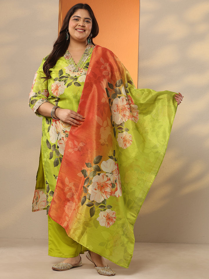Plus Size Green Printed Silk Blend Straight Suit Set With Dupatta