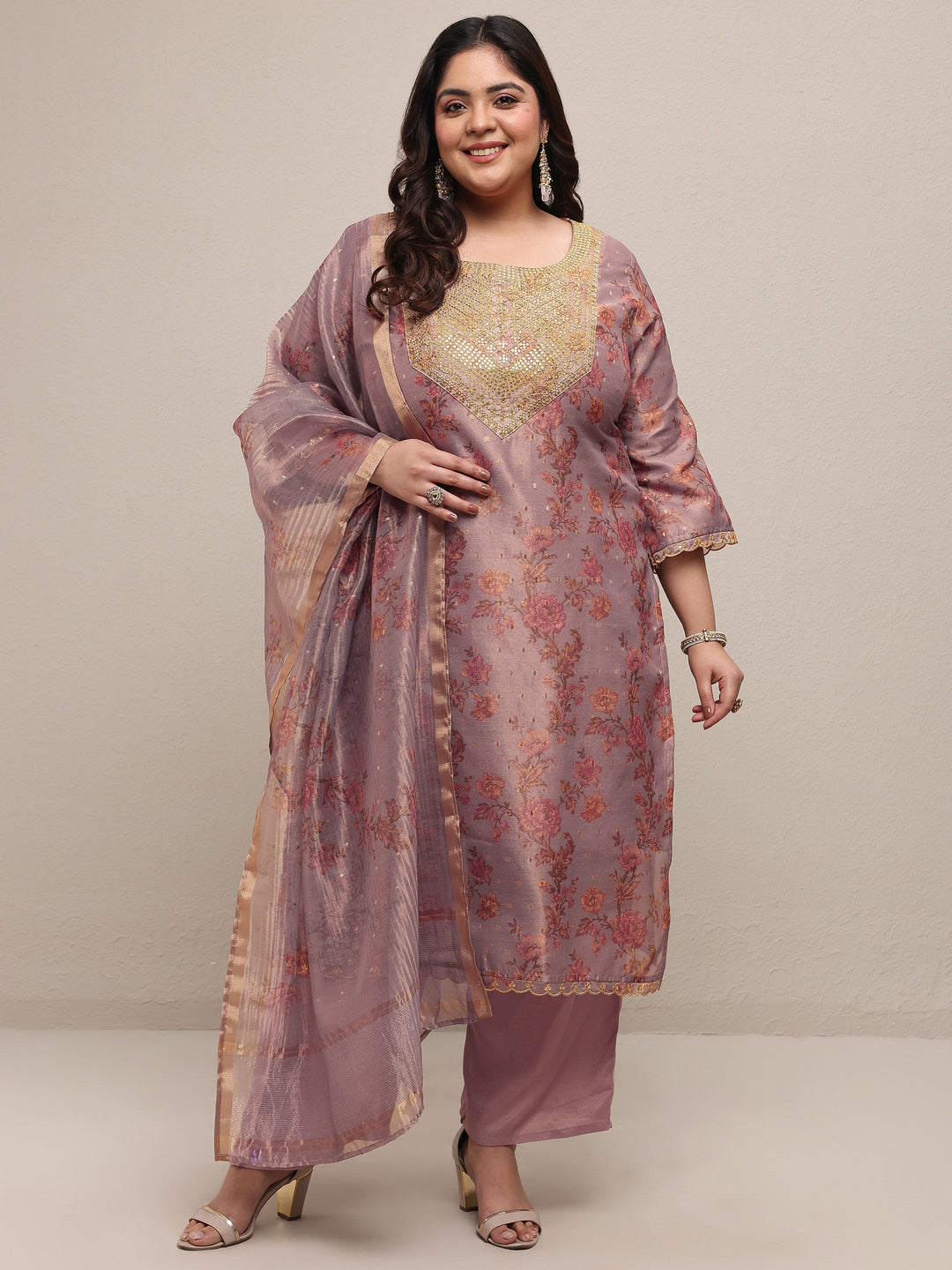 Plus Size Lavender Embroidered Silk Blend Straight Suit Set With Dupatta