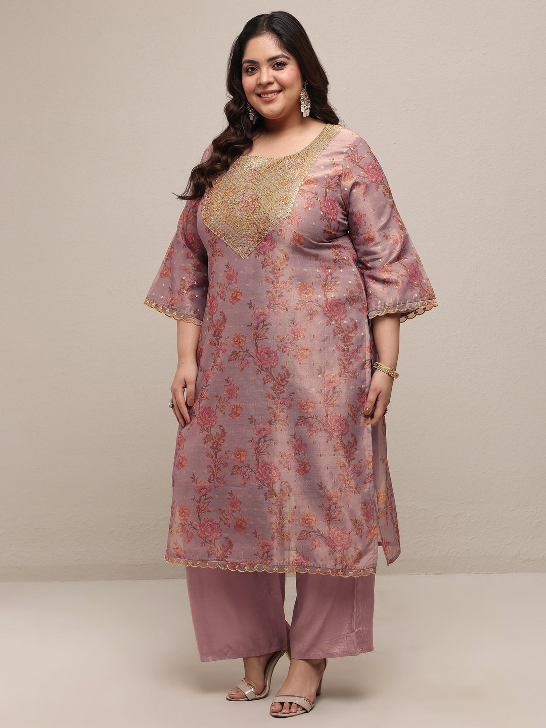 Plus Size Lavender Embroidered Silk Blend Straight Suit Set With Dupatta