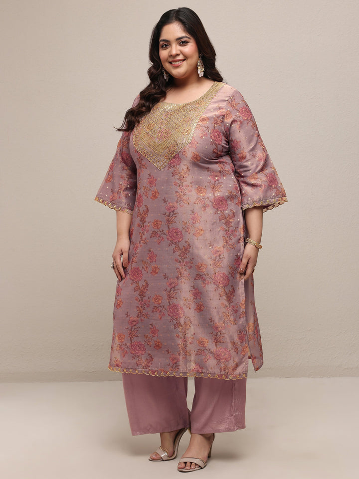Plus Size Lavender Embroidered Silk Blend Straight Suit Set With Dupatta