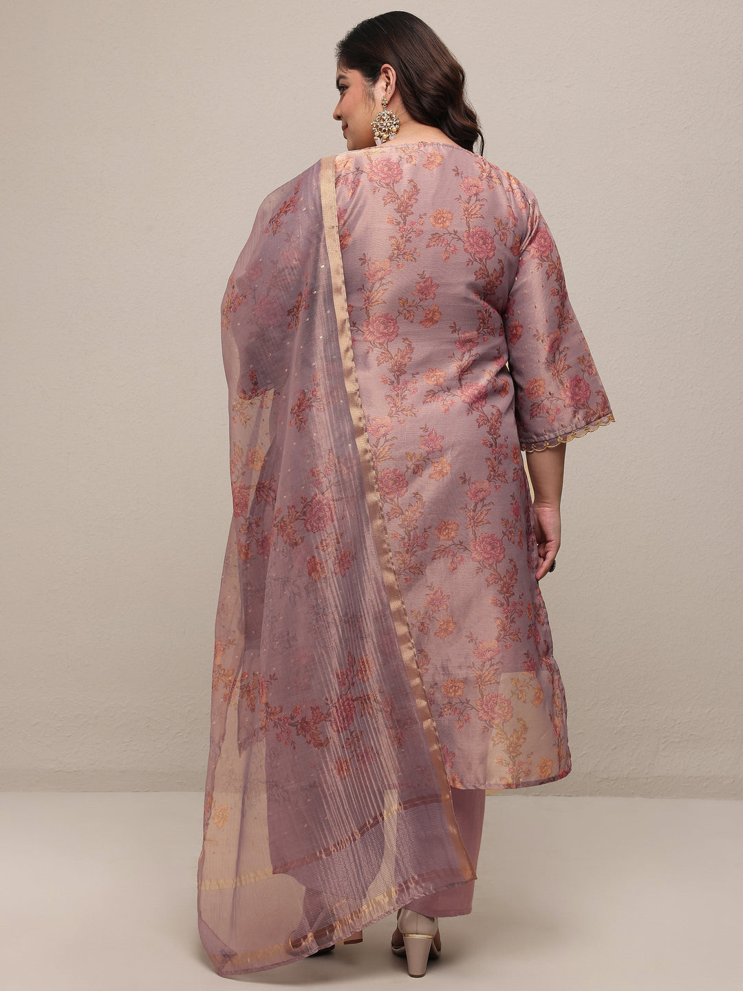 Plus Size Lavender Embroidered Silk Blend Straight Suit Set With Dupatta