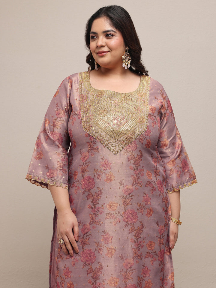 Plus Size Lavender Embroidered Silk Blend Straight Suit Set With Dupatta