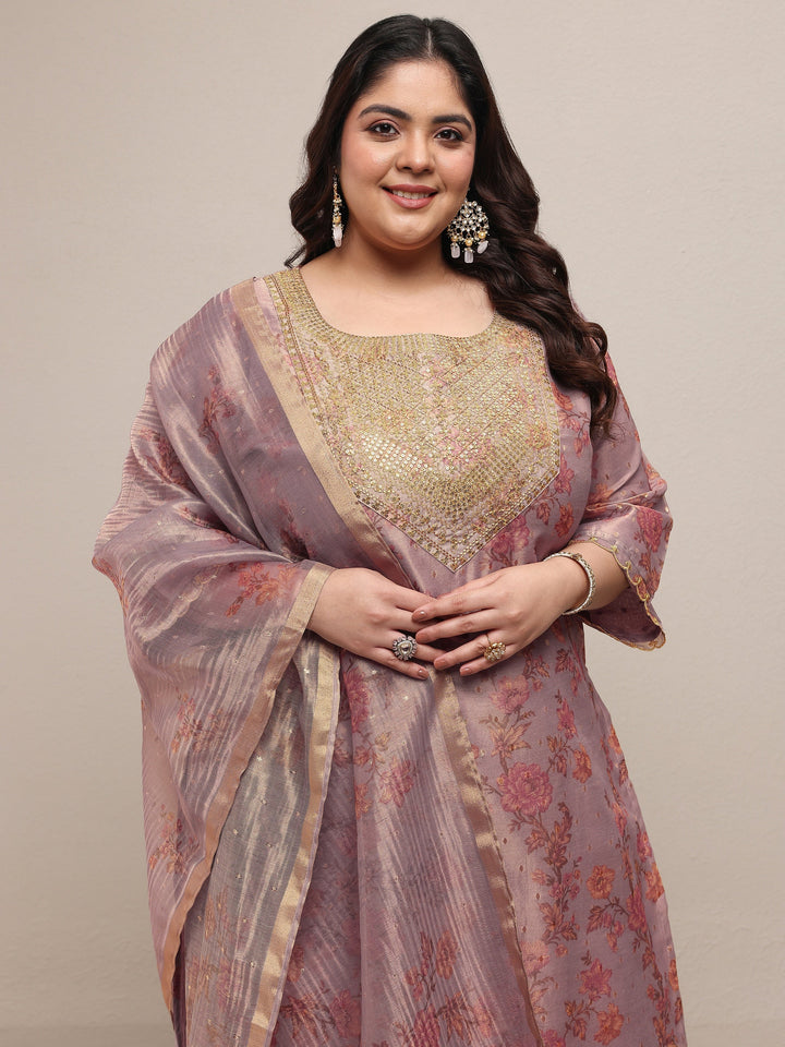 Plus Size Lavender Embroidered Silk Blend Straight Suit Set With Dupatta