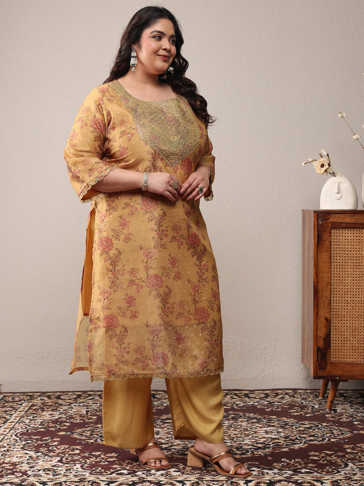 Plus Size Mustard Embroidered Silk Blend Straight Suit Set With Dupatta