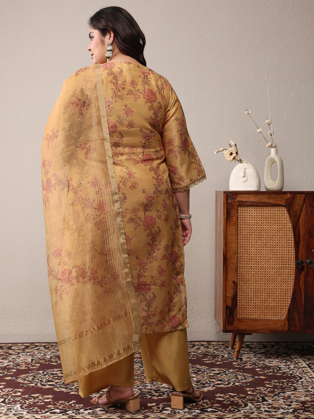 Plus Size Mustard Embroidered Silk Blend Straight Suit Set With Dupatta