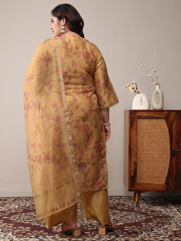 Plus Size Mustard Embroidered Silk Blend Straight Suit Set With Dupatta