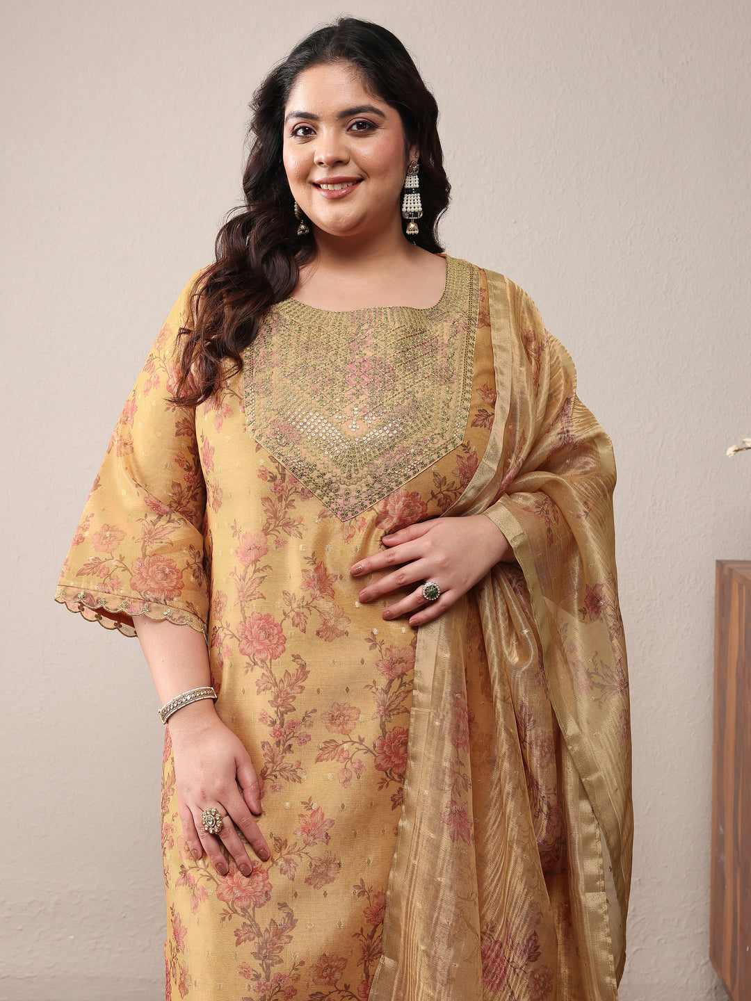 Plus Size Mustard Embroidered Silk Blend Straight Suit Set With Dupatta