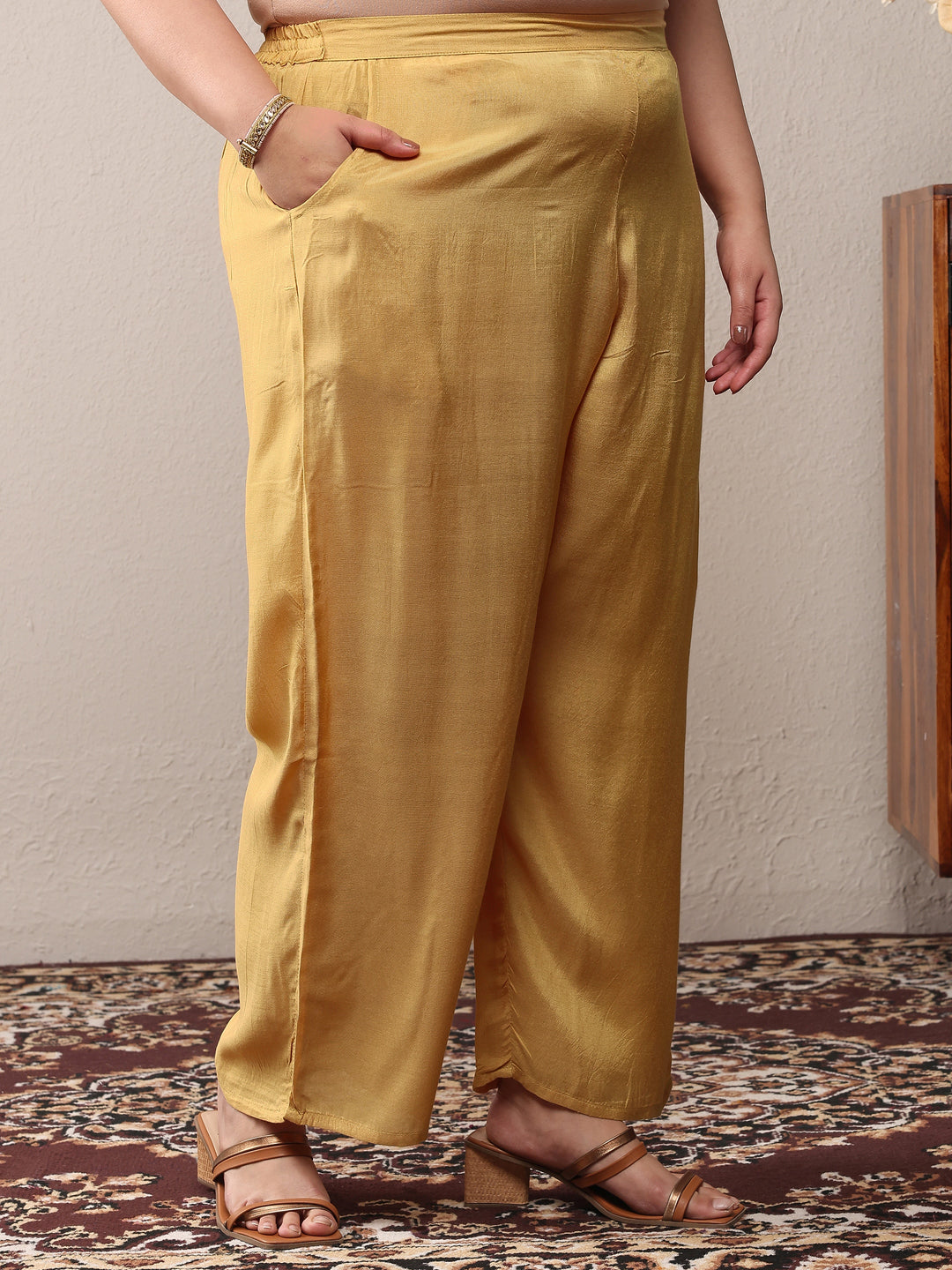 Plus Size Mustard Embroidered Silk Blend Straight Suit Set With Dupatta