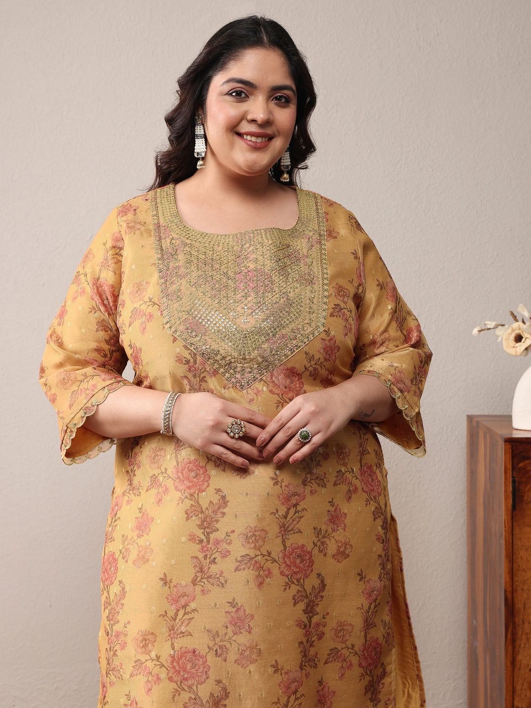 Plus Size Mustard Embroidered Silk Blend Straight Suit Set With Dupatta