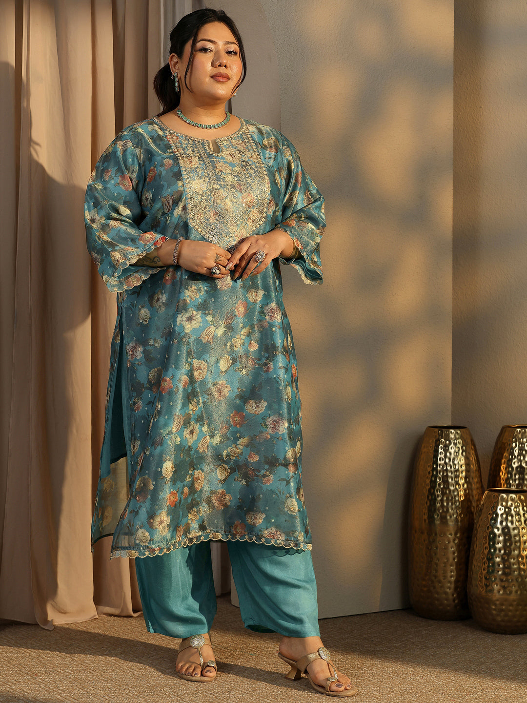 Plus Size Teal Printed Silk Blend Straight Suit Set With Dupatta