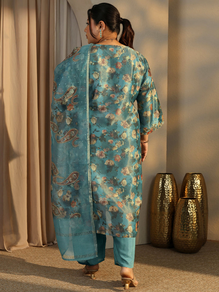 Plus Size Teal Printed Silk Blend Straight Suit Set With Dupatta