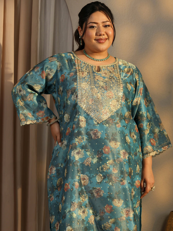 Plus Size Teal Printed Silk Blend Straight Suit Set With Dupatta