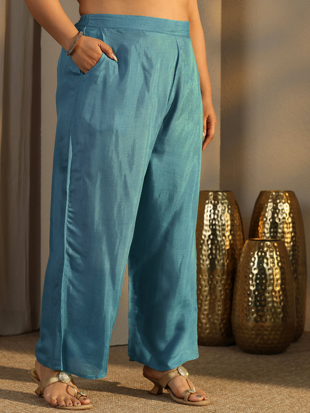 Plus Size Teal Printed Silk Blend Straight Suit Set With Dupatta