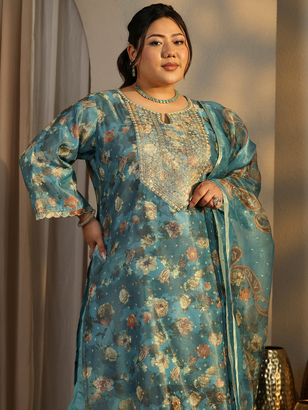 Plus Size Teal Printed Silk Blend Straight Suit Set With Dupatta