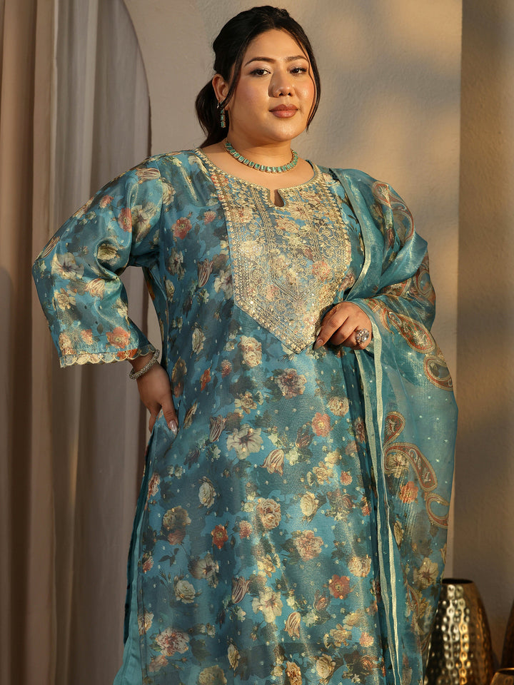 Plus Size Teal Printed Silk Blend Straight Suit Set With Dupatta