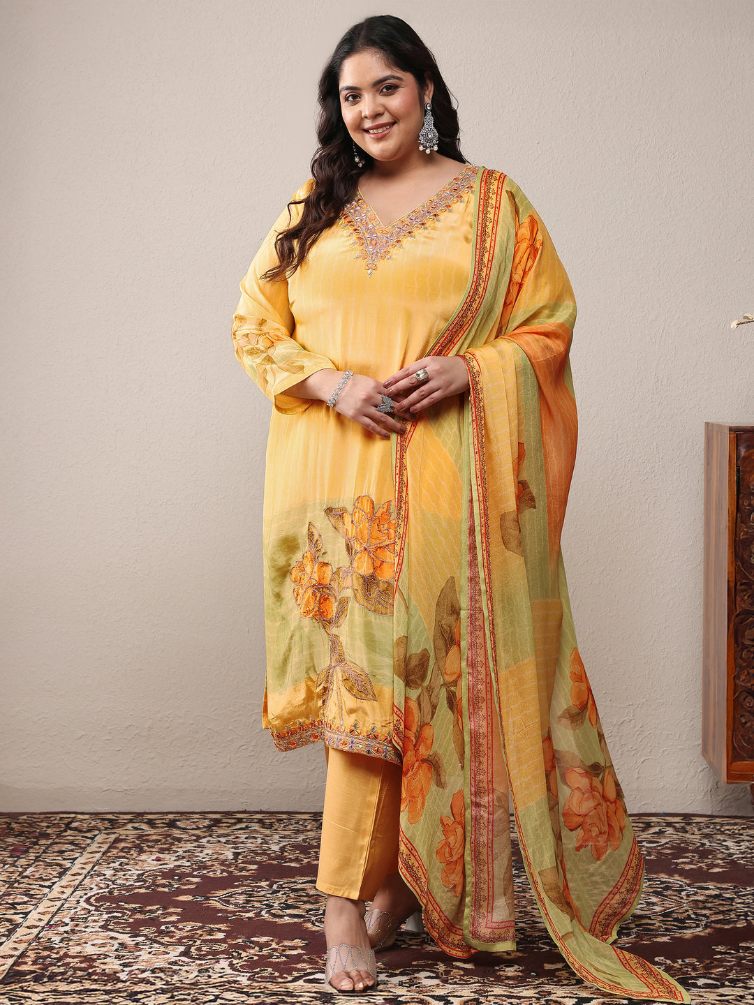 Plus Size Yellow Embroidered Silk Crepe Straight Suit Set With Dupatta