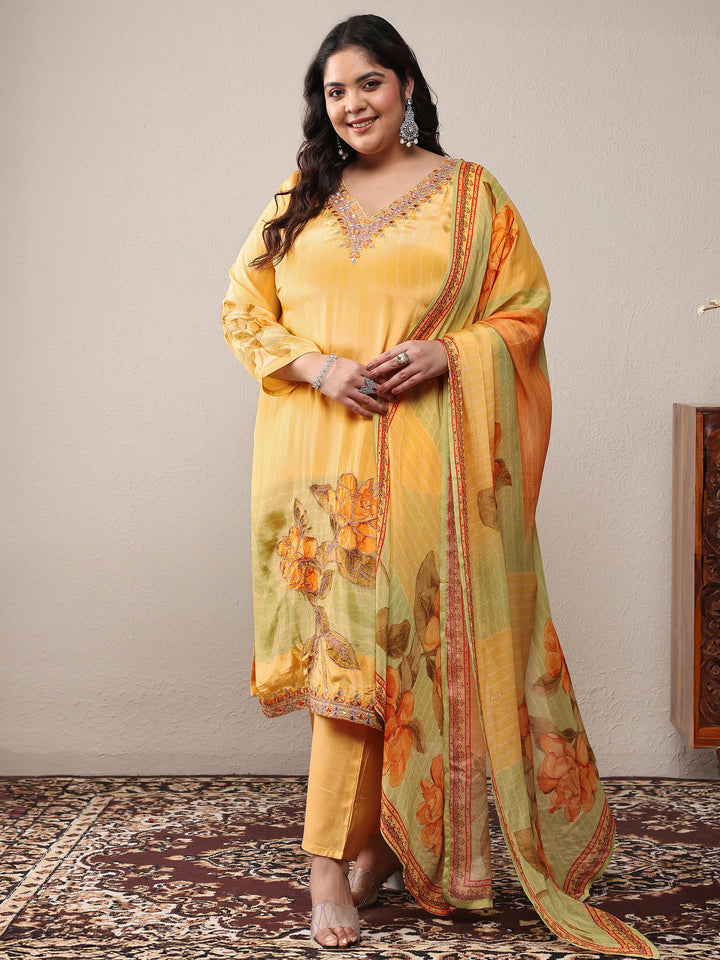 Plus Size Yellow Embroidered Silk Crepe Straight Suit Set With Dupatta