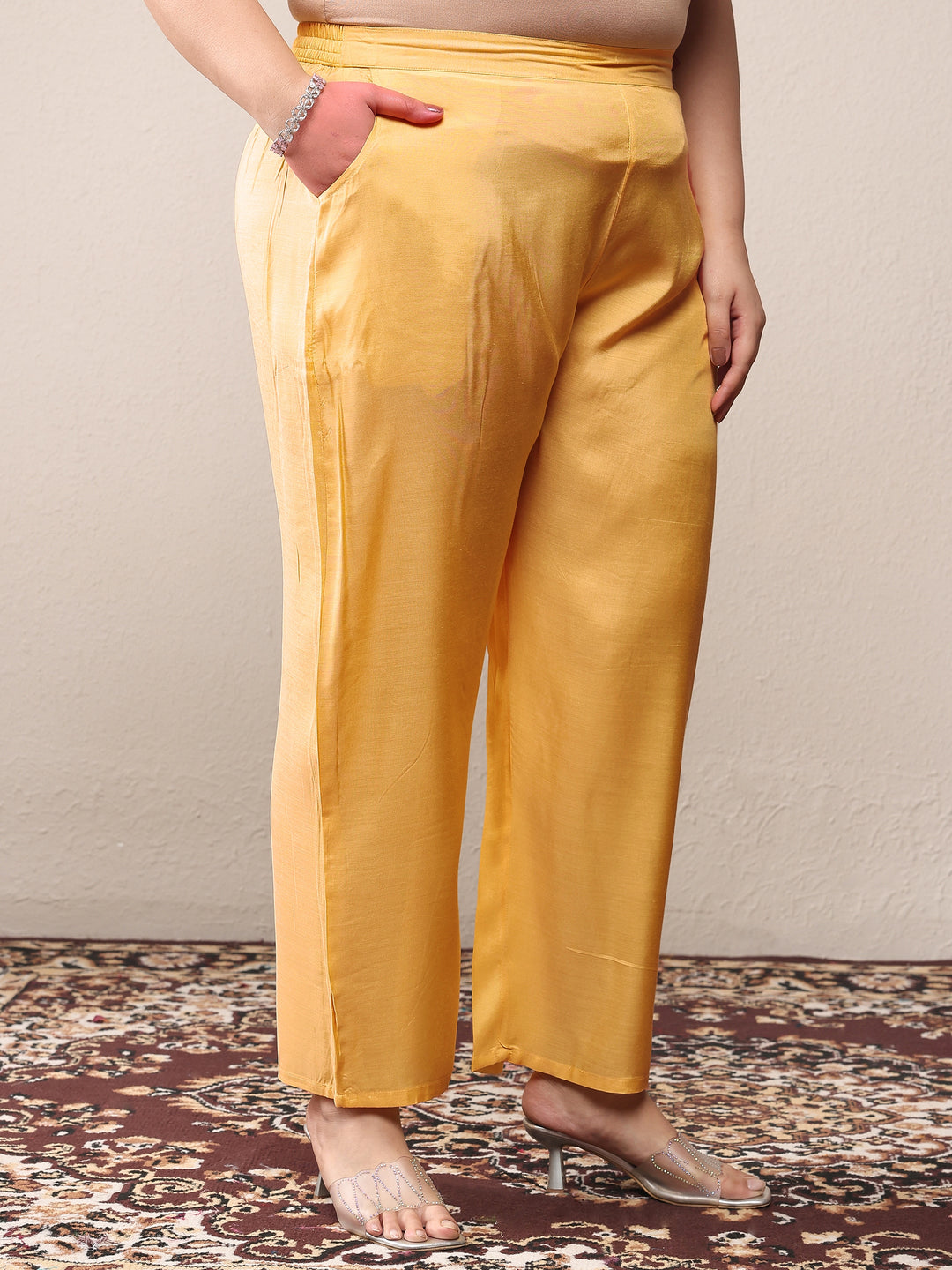 Plus Size Yellow Embroidered Silk Crepe Straight Suit Set With Dupatta