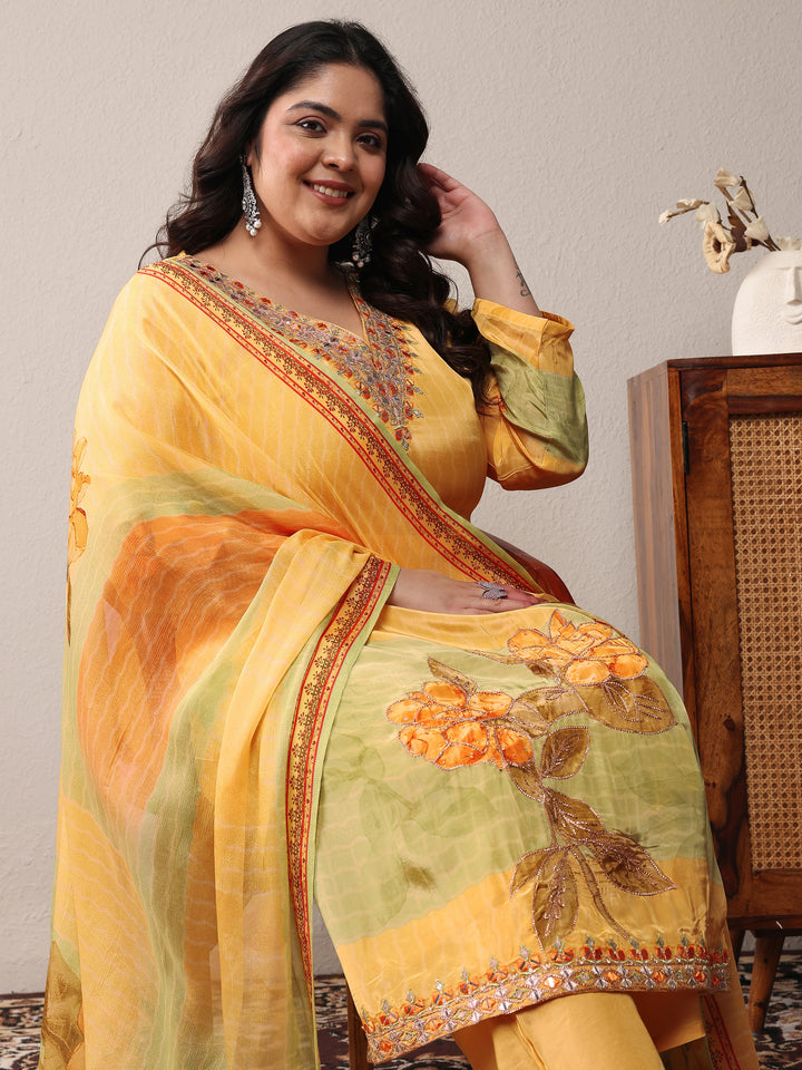 Plus Size Yellow Embroidered Silk Crepe Straight Suit Set With Dupatta
