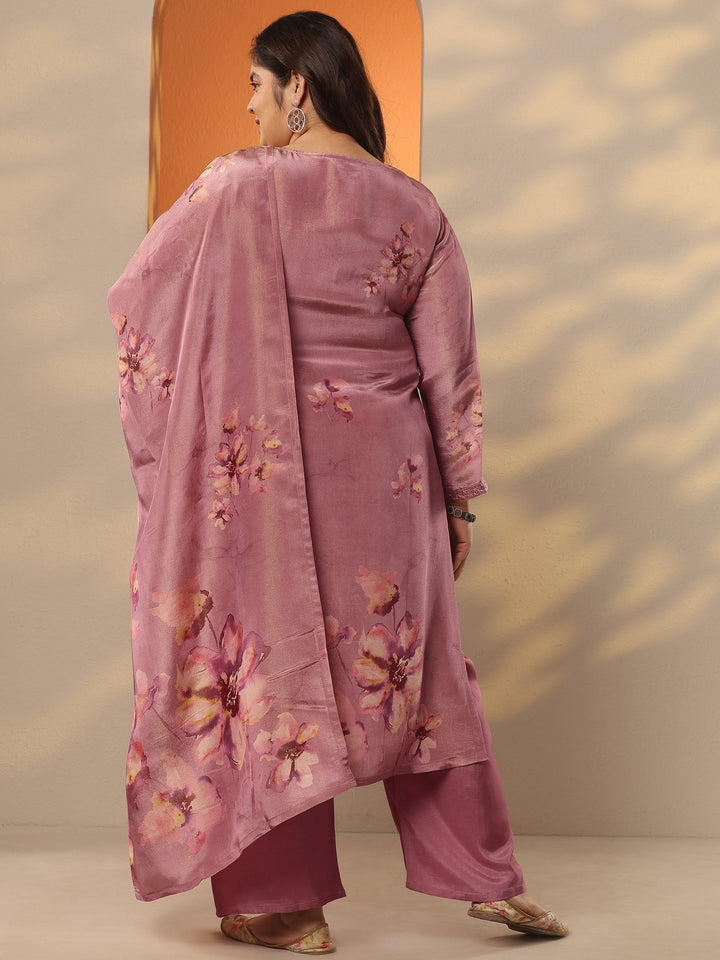 Plus Size Pink Printed Silk Blend Straight Suit Set With Dupatta