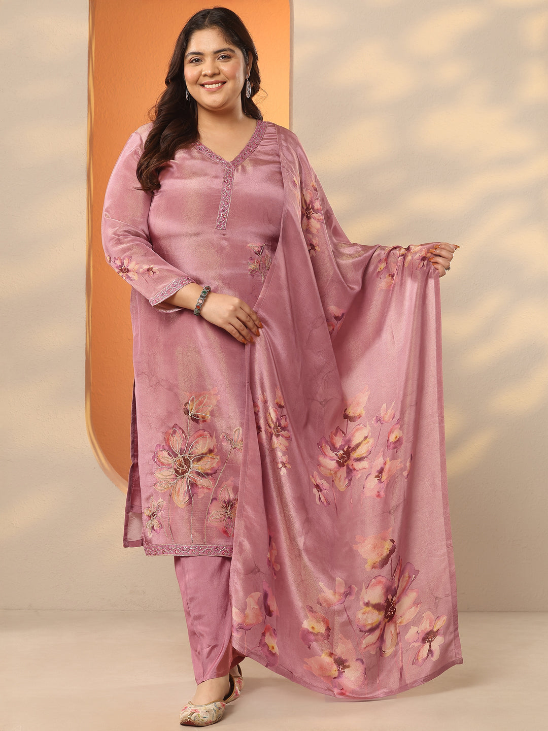 Plus Size Pink Printed Silk Blend Straight Suit Set With Dupatta