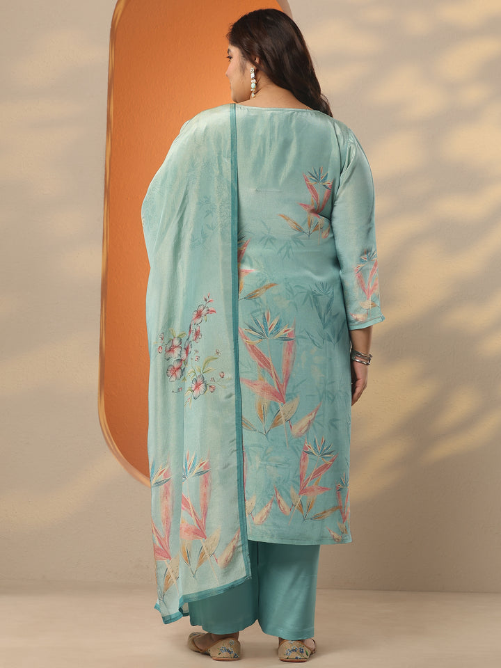 Plus Size Sea Green Printed Silk Blend Straight Suit Set With Dupatta