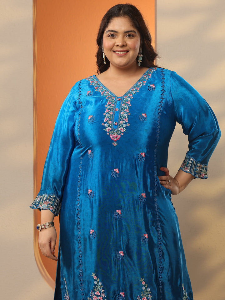Plus Size Blue Embroidered Crepe Straight Suit Set With Dupatta