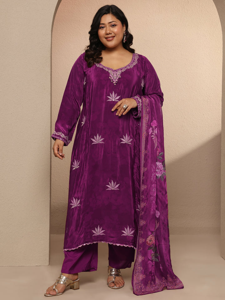 Plus Size Burgundy Embellished Crepe Suit Set With Dupatta