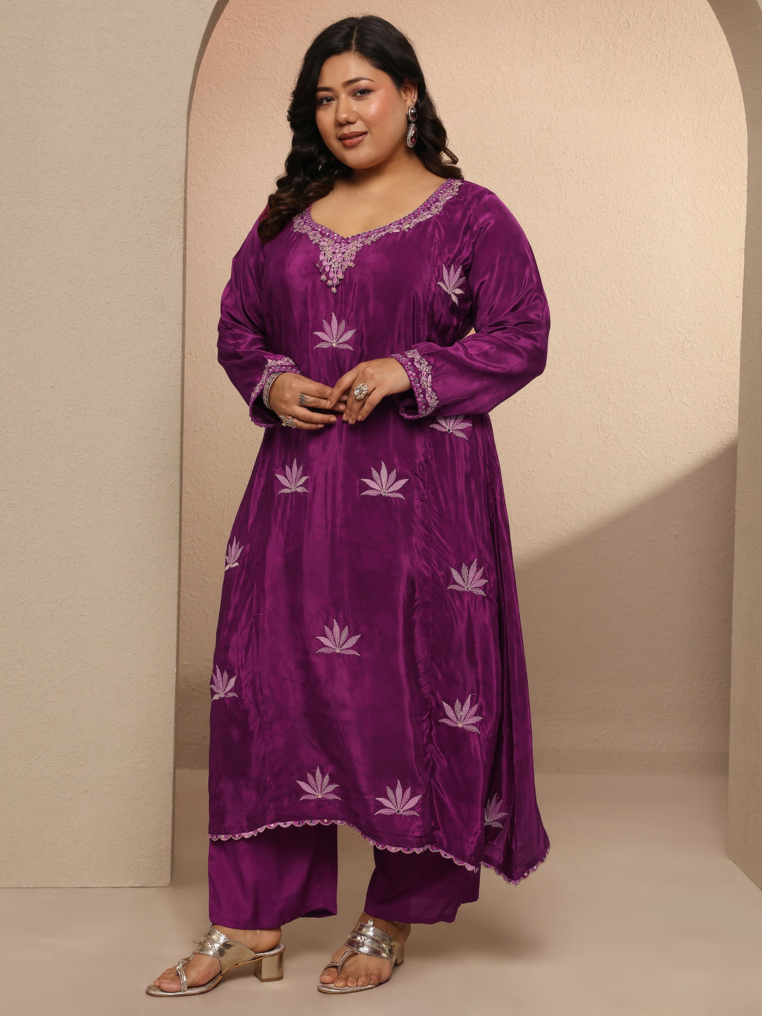Plus Size Burgundy Embellished Crepe Suit Set With Dupatta