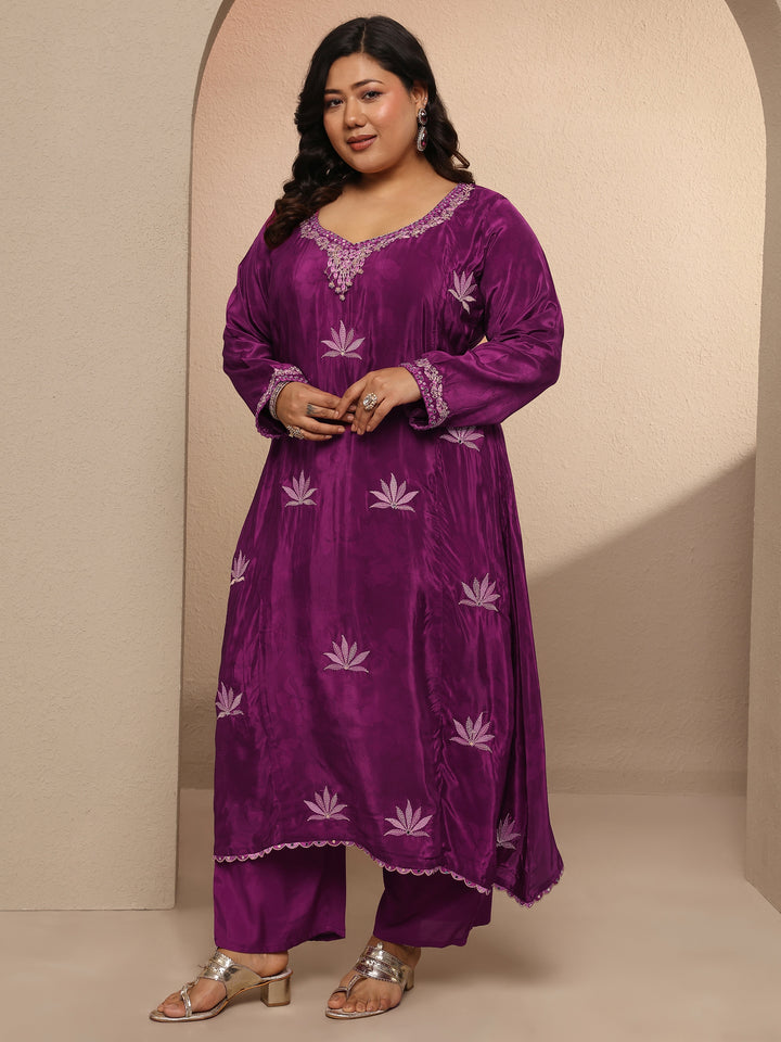 Plus Size Burgundy Embellished Crepe Suit Set With Dupatta