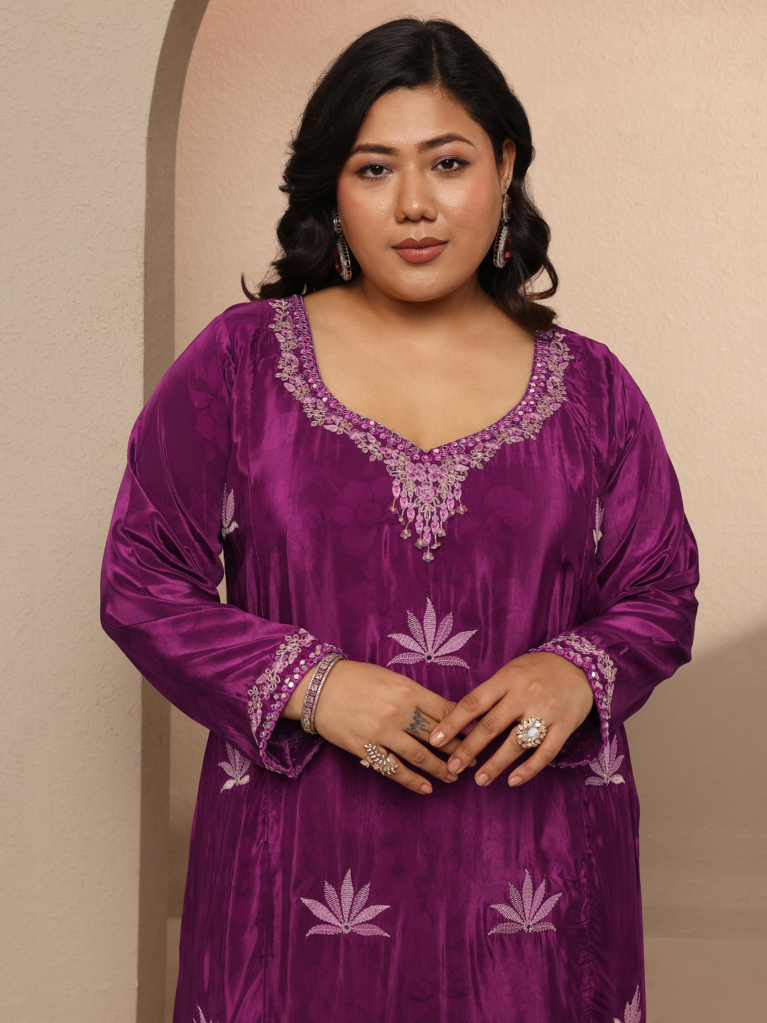 Plus Size Burgundy Embellished Crepe Suit Set With Dupatta