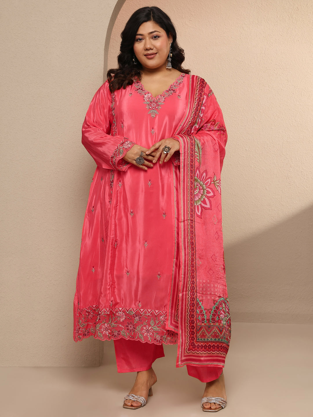 Plus Size Coral Embroidered Crepe Suit Set With Dupatta