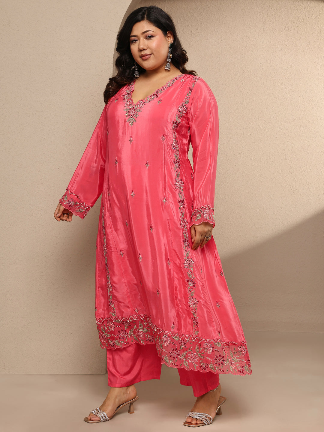 Plus Size Coral Embroidered Crepe Suit Set With Dupatta