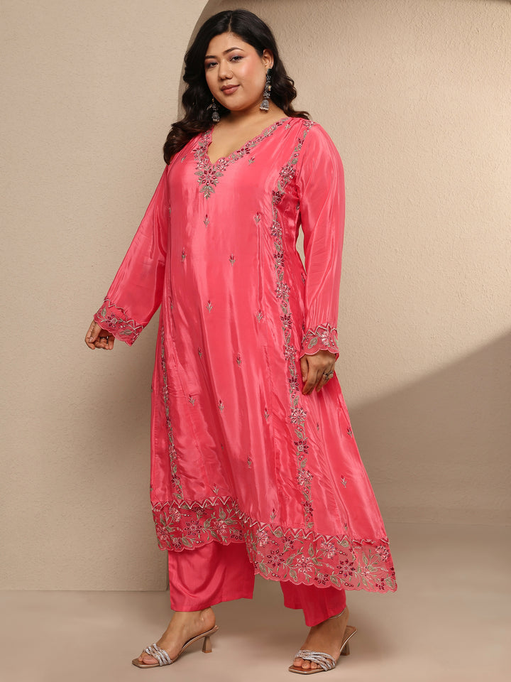 Plus Size Coral Embroidered Crepe Suit Set With Dupatta