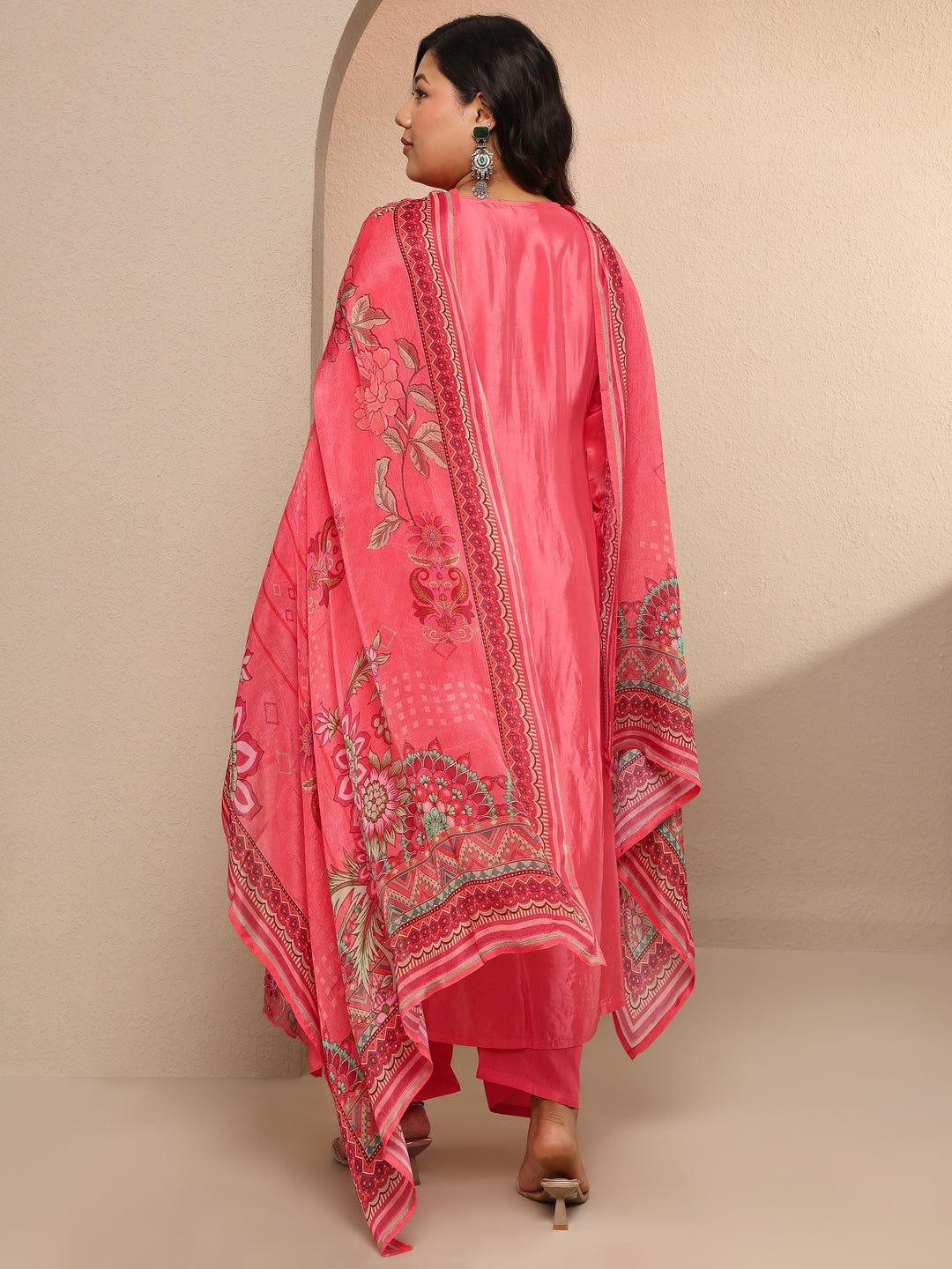 Plus Size Coral Embroidered Crepe Suit Set With Dupatta