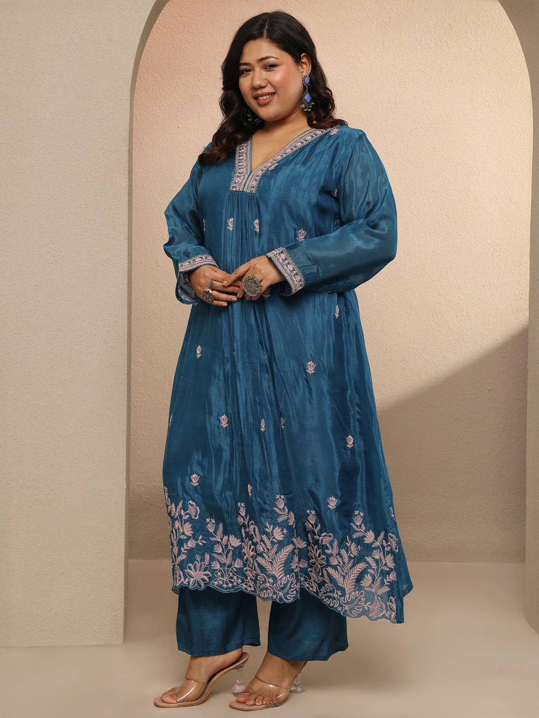 Plus Size Blue Embellished Crepe Suit Set With Dupatta