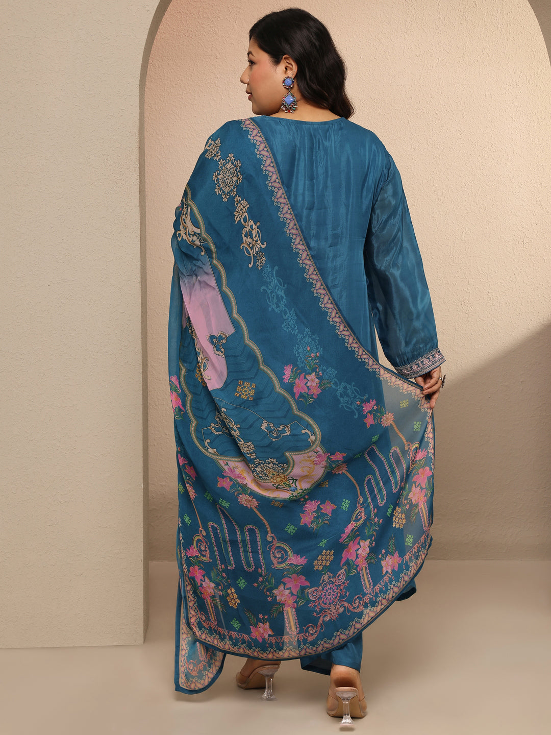 Plus Size Blue Embellished Crepe Suit Set With Dupatta