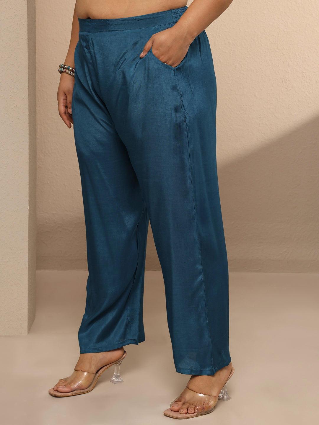 Plus Size Blue Embellished Crepe Suit Set With Dupatta