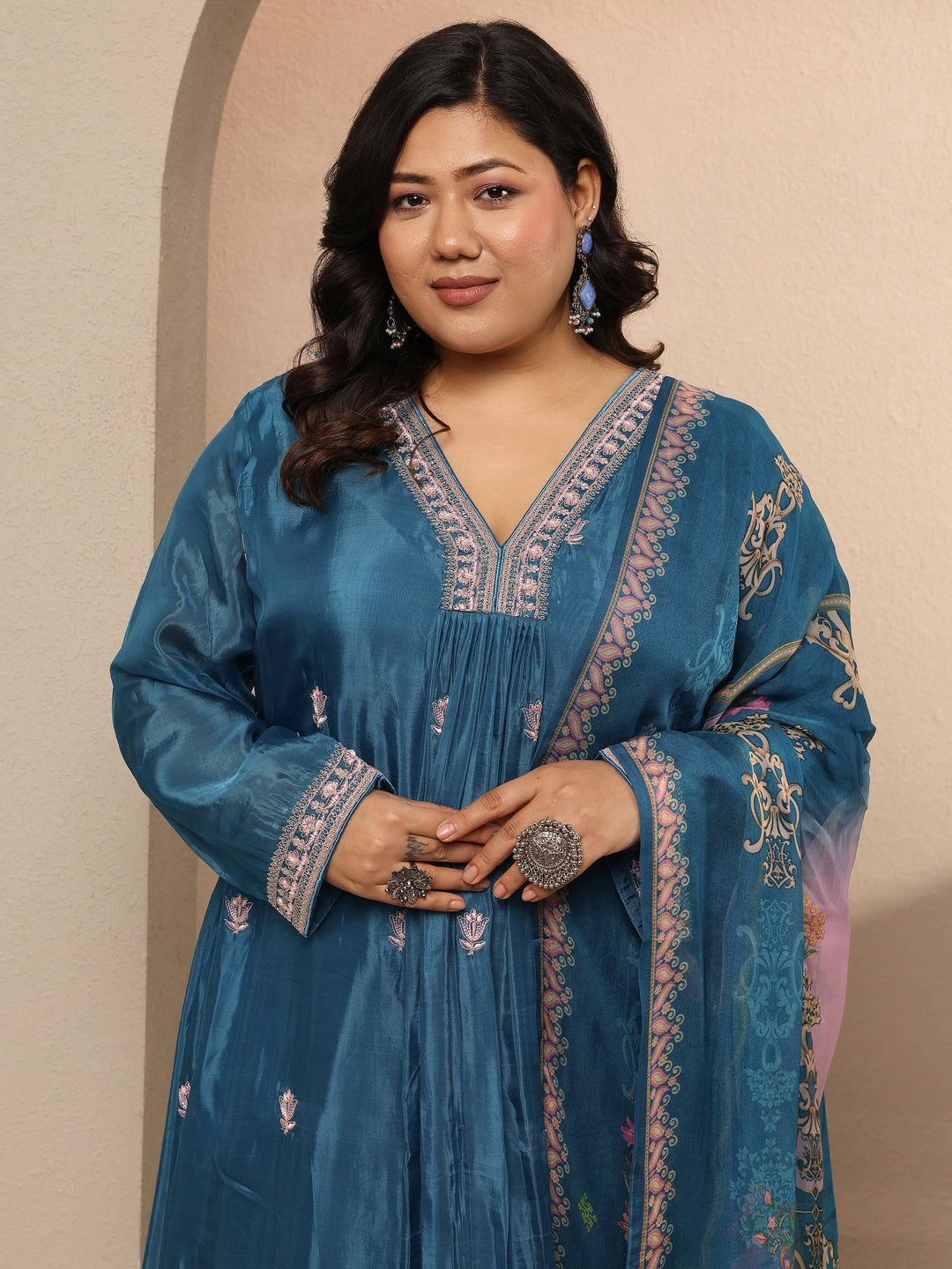 Plus Size Blue Embellished Crepe Suit Set With Dupatta