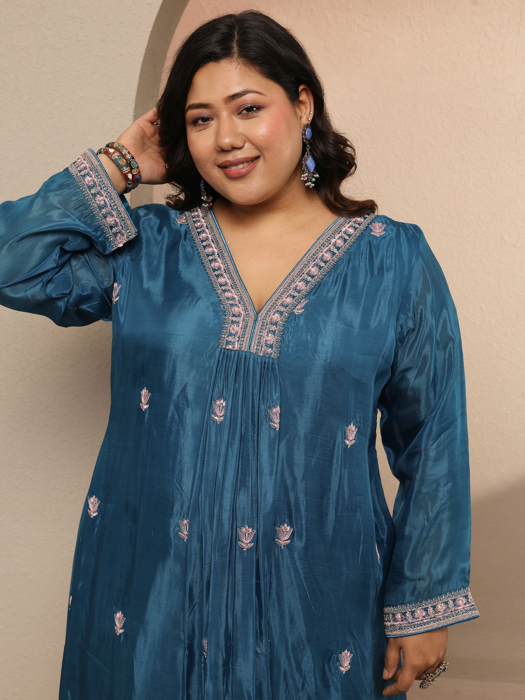 Plus Size Blue Embellished Crepe Suit Set With Dupatta
