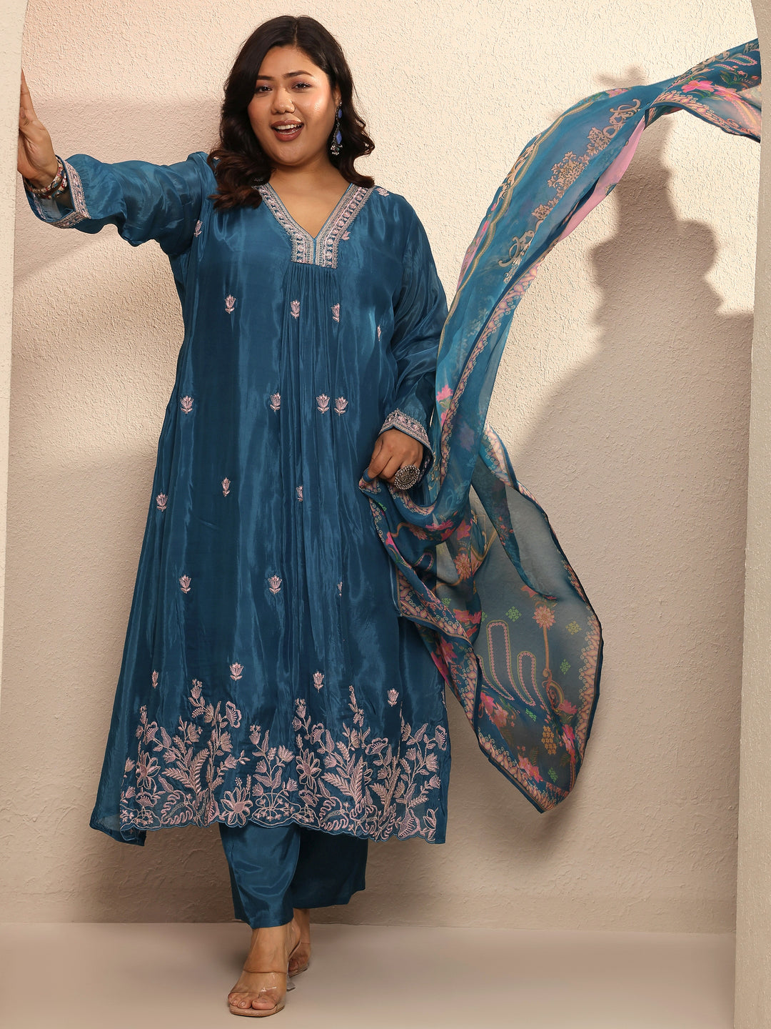 Plus Size Blue Embellished Crepe Suit Set With Dupatta