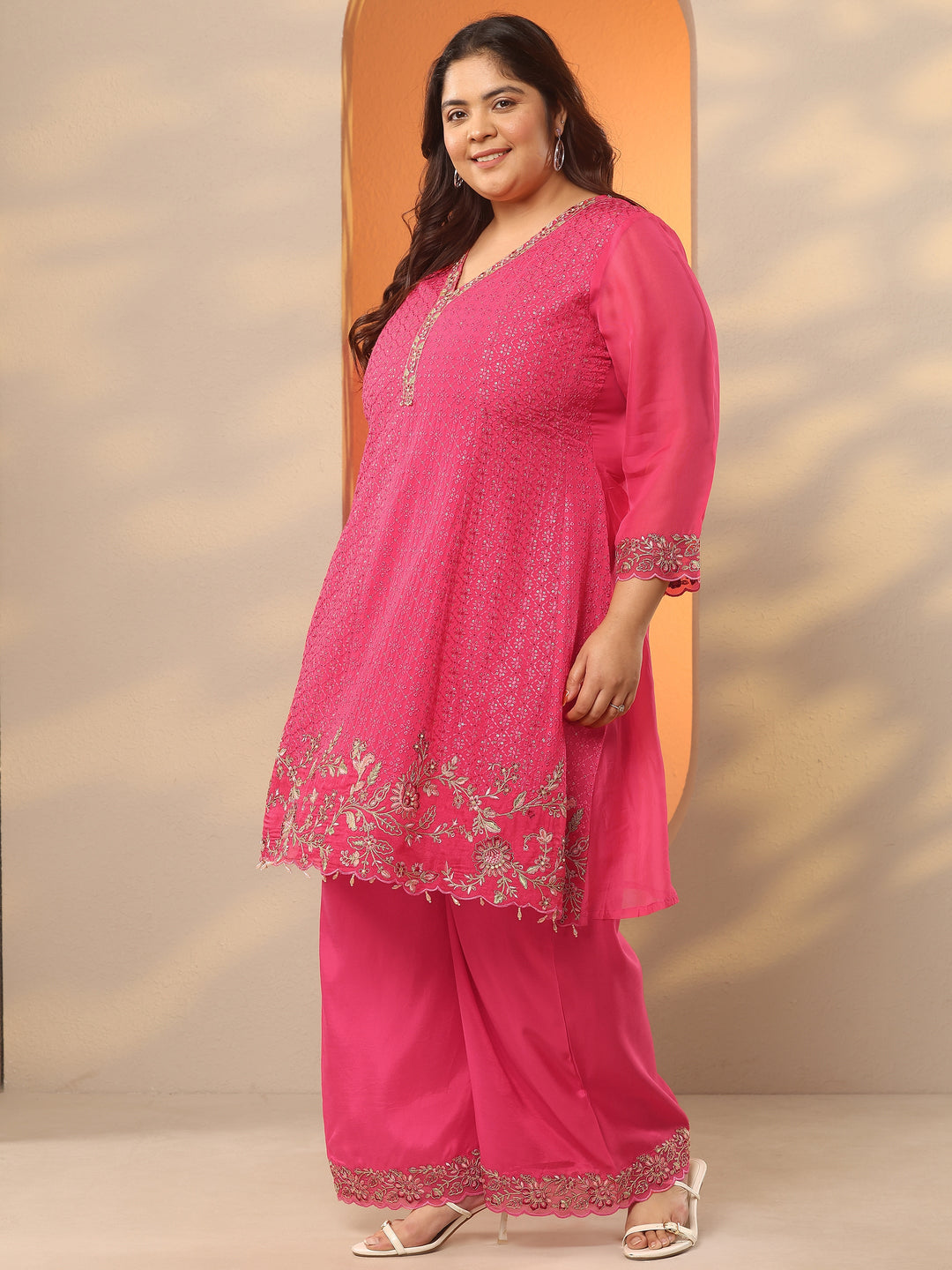 Plus Size Coral Embroidered Organza A-Line Suit Set With Dupatta