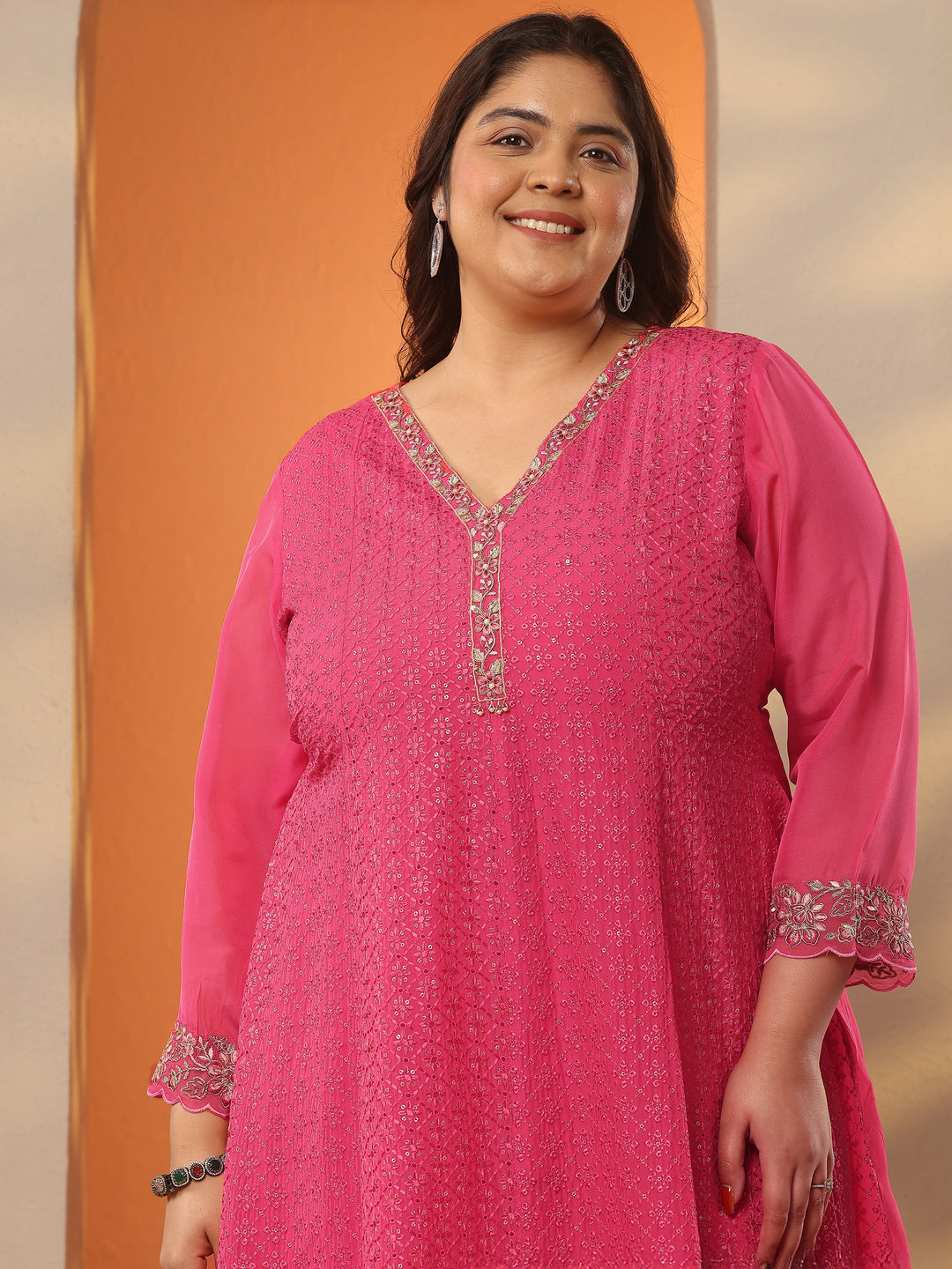 Plus Size Coral Embroidered Organza A-Line Suit Set With Dupatta