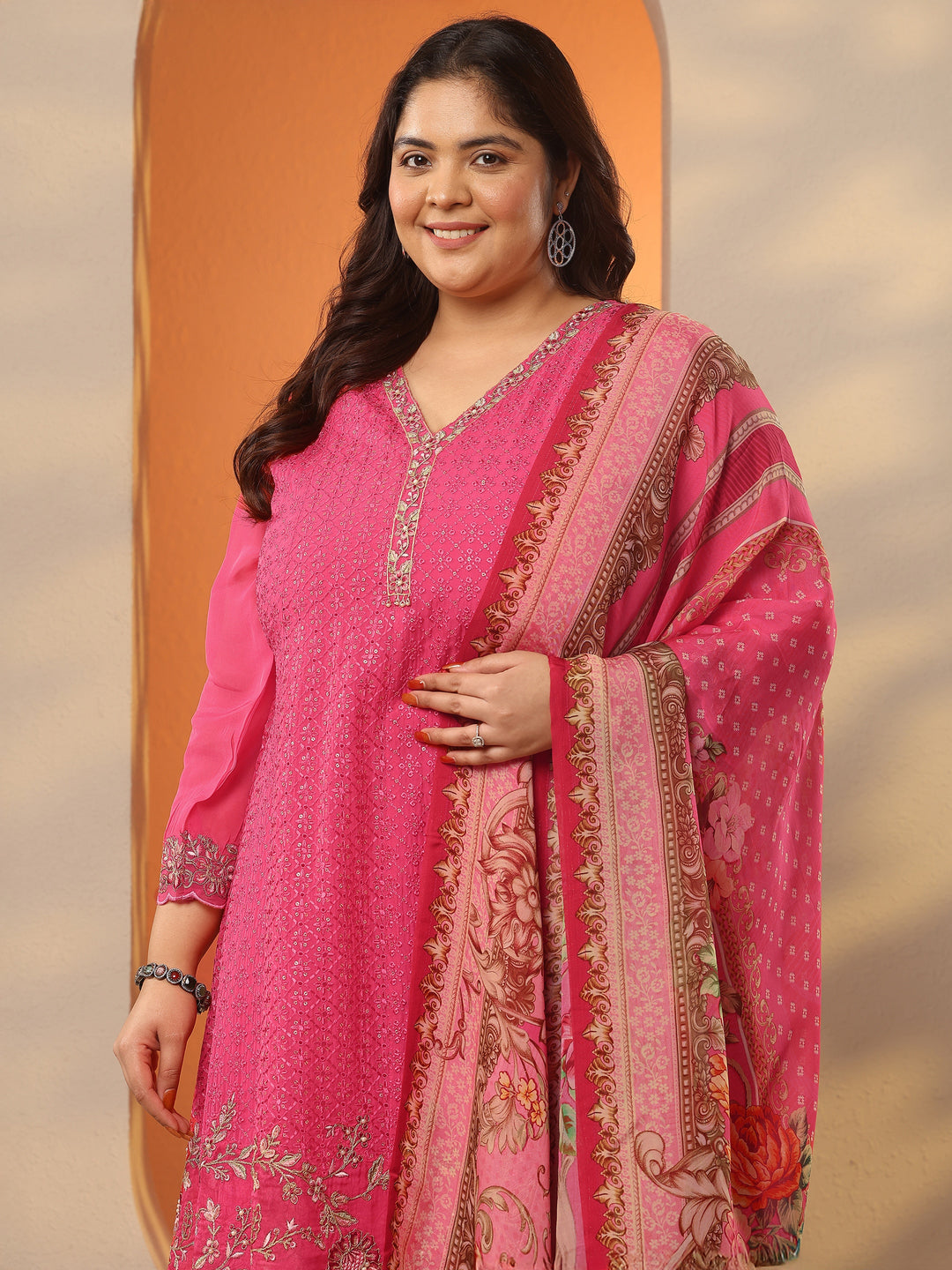 Plus Size Coral Embroidered Organza A-Line Suit Set With Dupatta