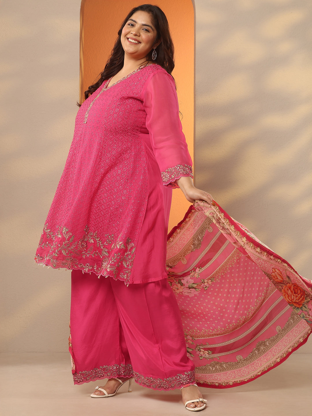 Plus Size Coral Embroidered Organza A-Line Suit Set With Dupatta